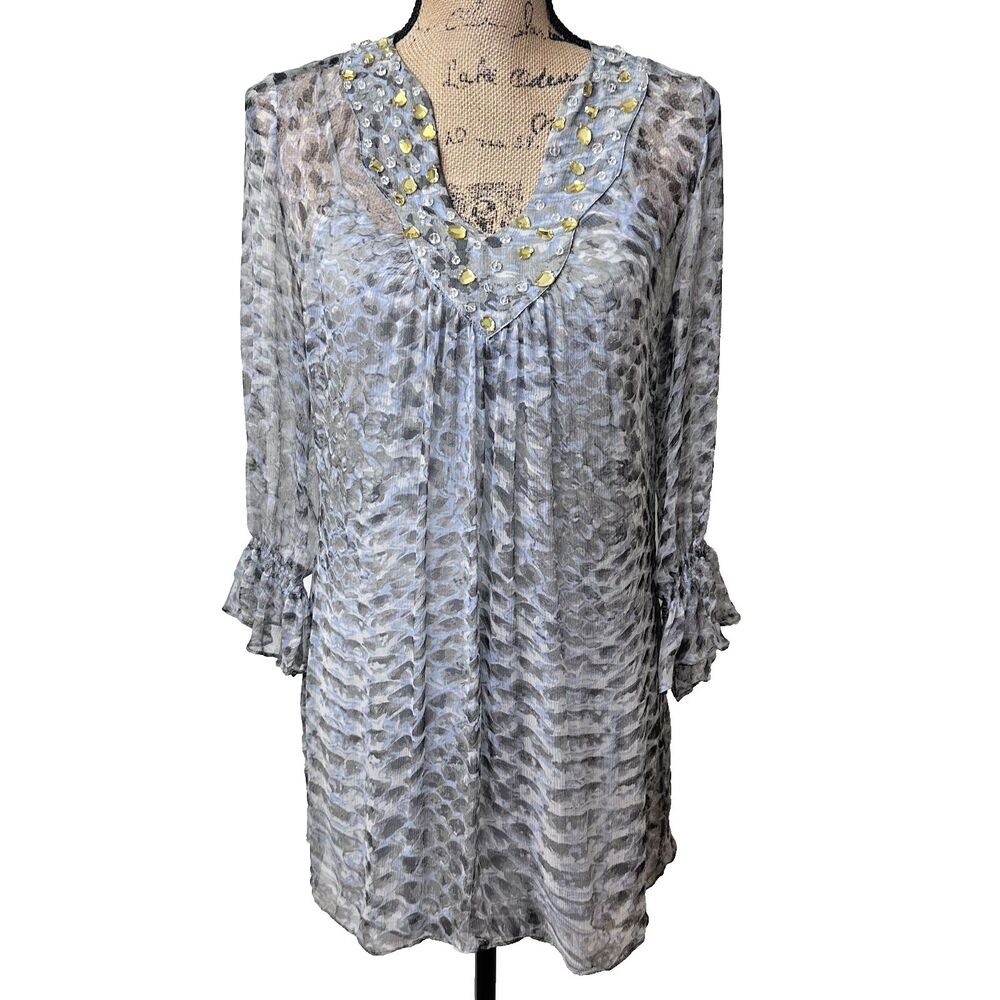 AMBIENTE Women's Blue Gray Beaded Silk Sheer Tunic Blouse w/Cotton Camisole Sz 8
